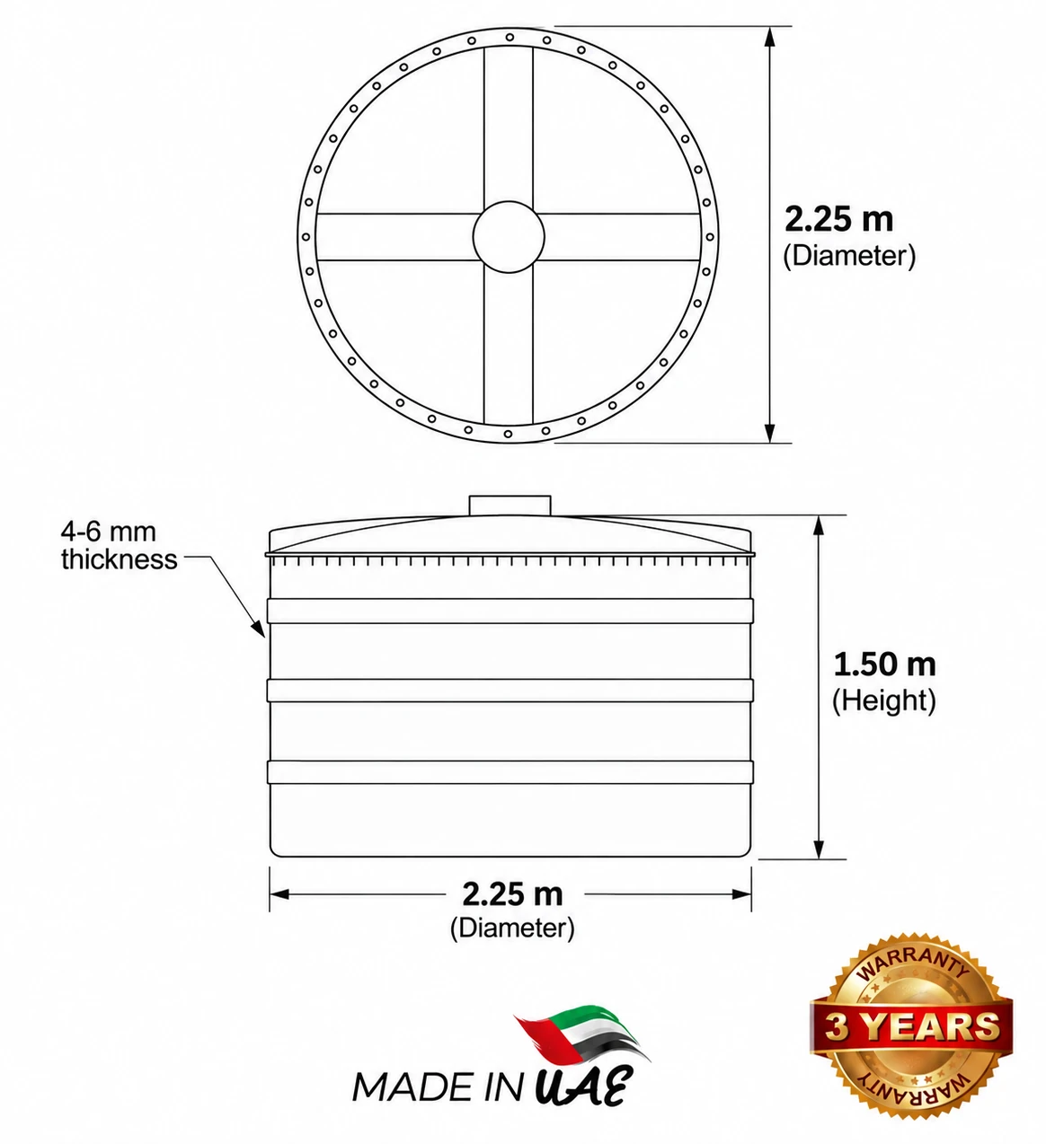 Custom vertical GRP tank, 2.25m diameter x 1.5m height, technical diagram