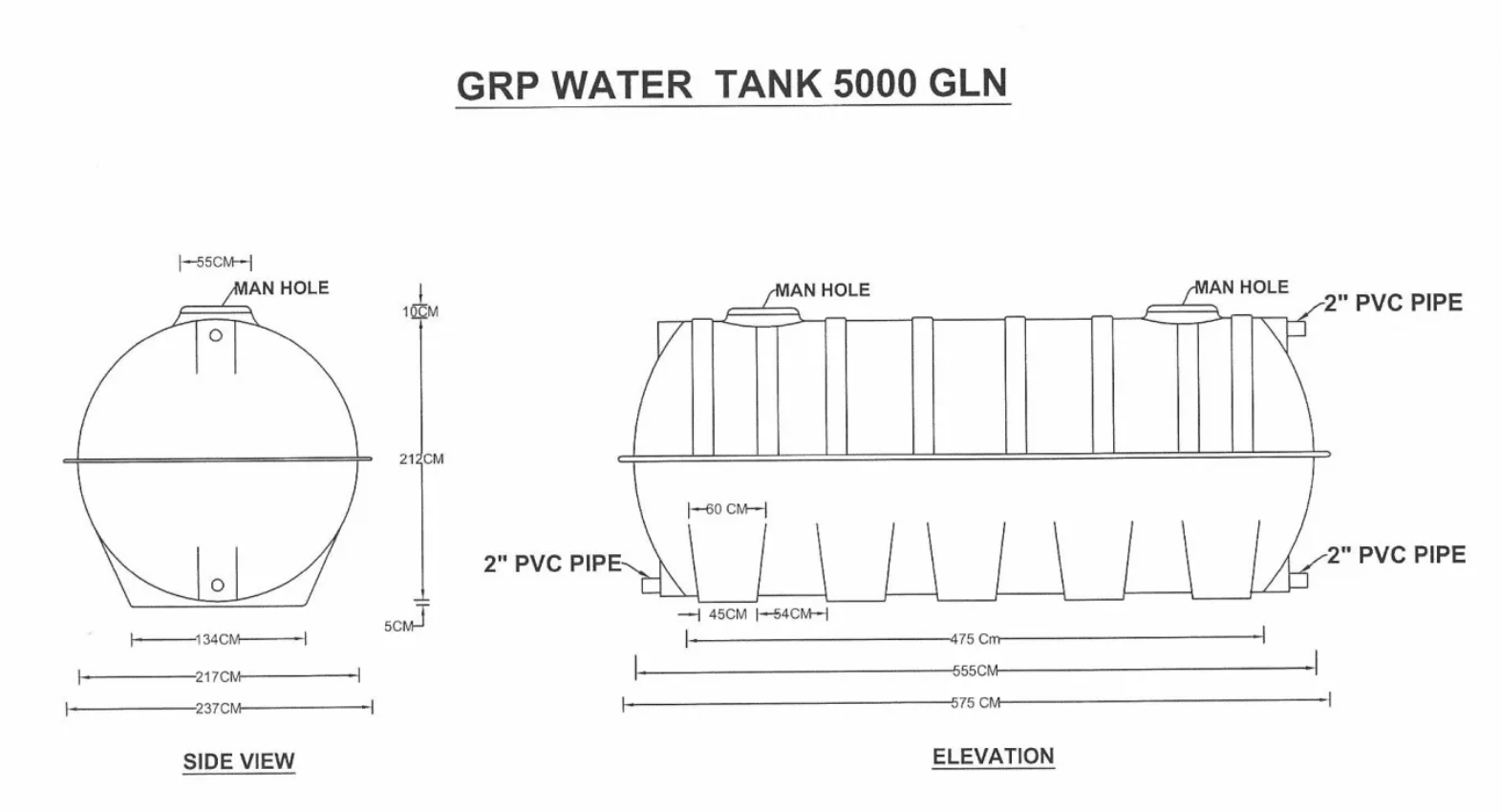 5,000 USG Horizontal GRP Fiberglass Water Tank UAE technical diagram