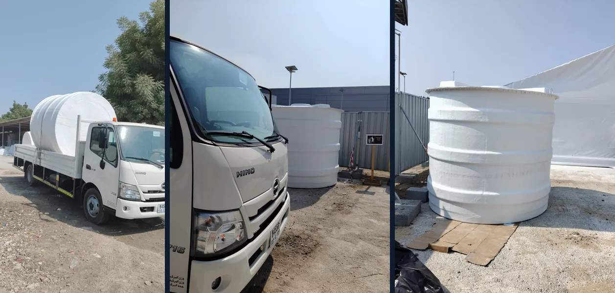 Khazzan GRP water tanks loaded on a delivery truck and installed on site in the UAE